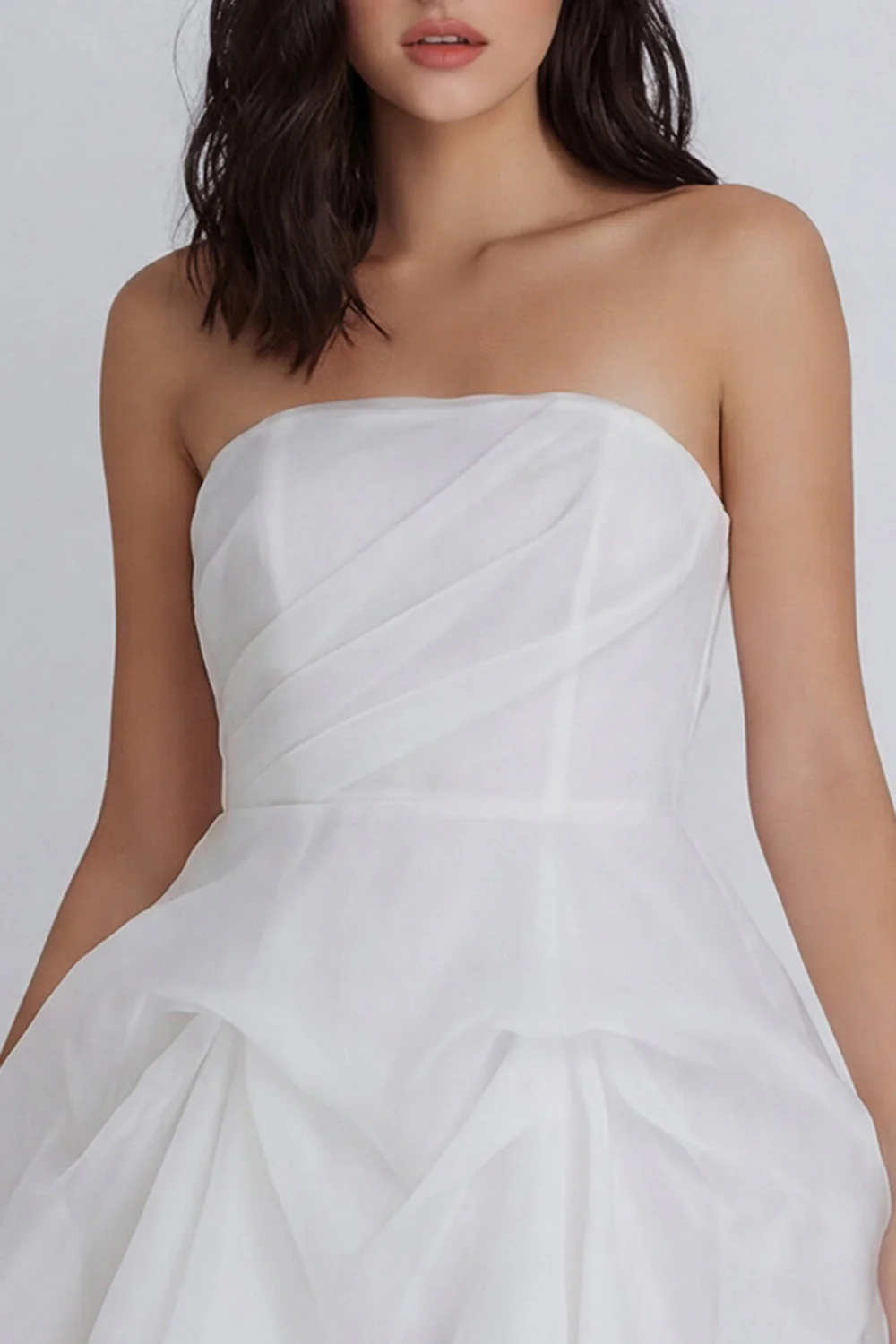 A-Line Tulle Strapless Ivory Ruched Bridal Shower Dress with Bow - Image 3