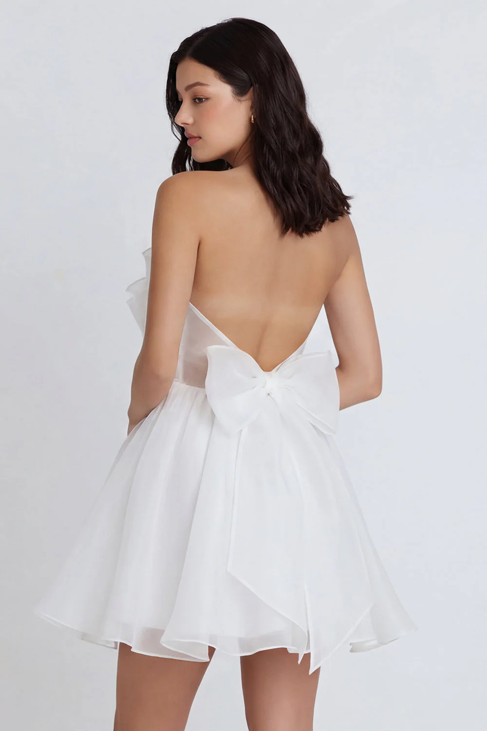 A-Line Tulle Strapless Ruched Pleated Little White Dress with Bow - Image 2