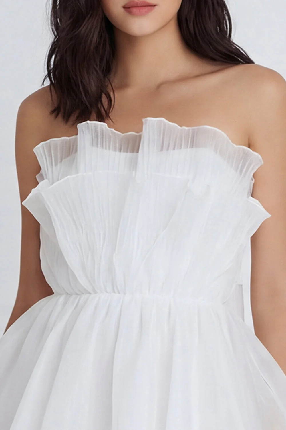 A-Line Tulle Strapless Ruched Pleated Little White Dress with Bow - Image 3