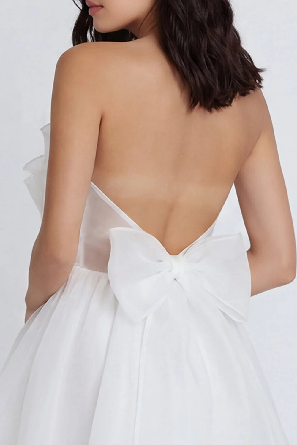 A-Line Tulle Strapless Ruched Pleated Little White Dress with Bow - Image 4