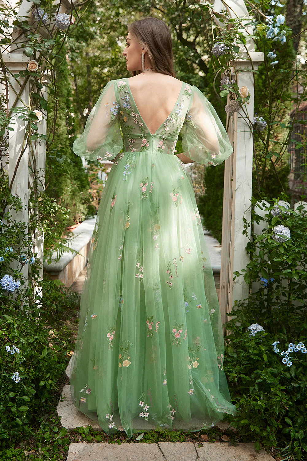 A-Line V-Neck Embroidery Green Long Prom Dress with Short Sleeves - Image 2