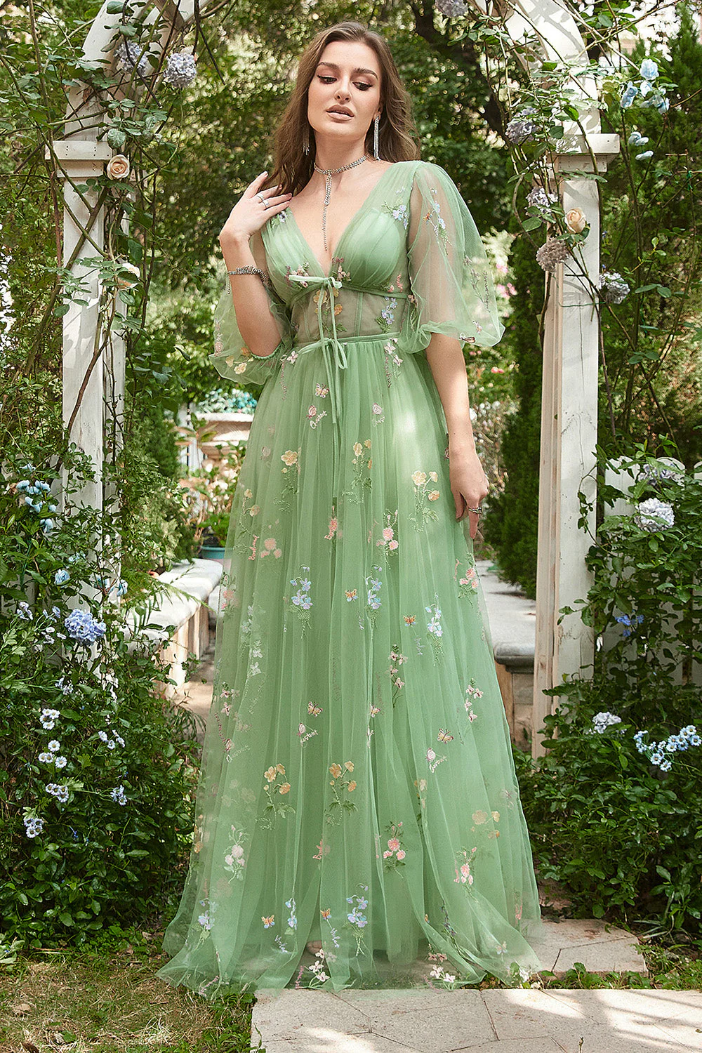 A-Line V-Neck Embroidery Lavender Long Prom Dress with Short Sleeves - Image 11