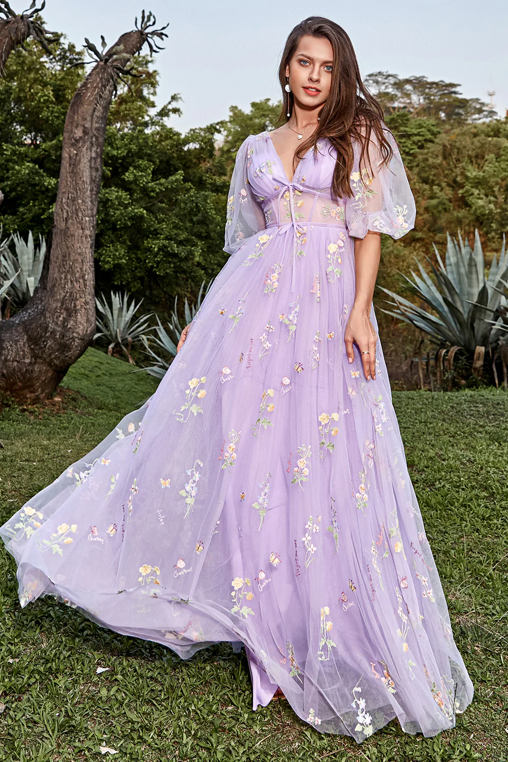 A-Line V-Neck Embroidery Lavender Long Prom Dress with Short Sleeves - Image 3