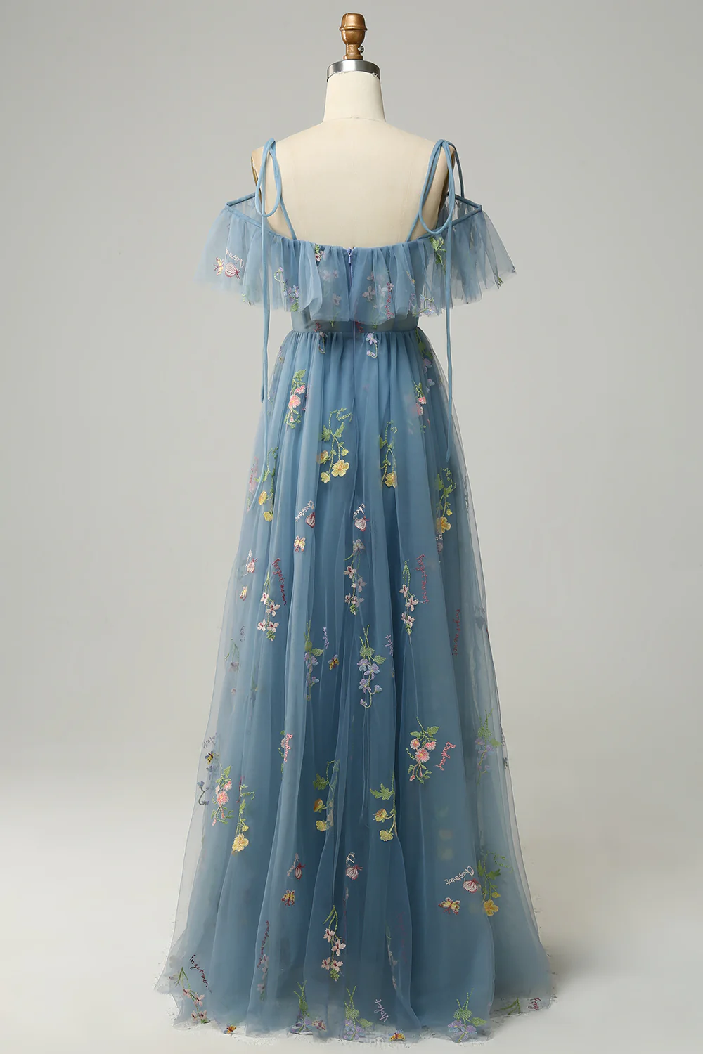 A-Line V-Neck Spaghetti Straps Embroidery Lavender Long Prom Dress with Slit - Image 17