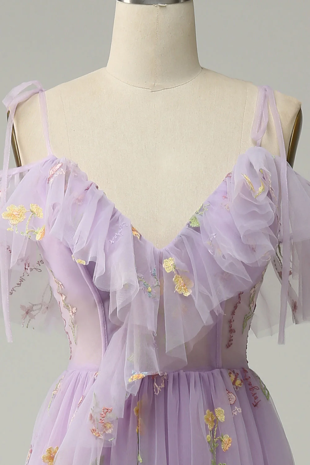 A-Line V-Neck Spaghetti Straps Embroidery Lavender Long Prom Dress with Slit - Image 5