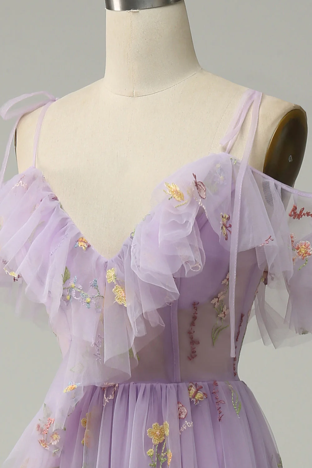 A-Line V-Neck Spaghetti Straps Embroidery Lavender Long Prom Dress with Slit - Image 6