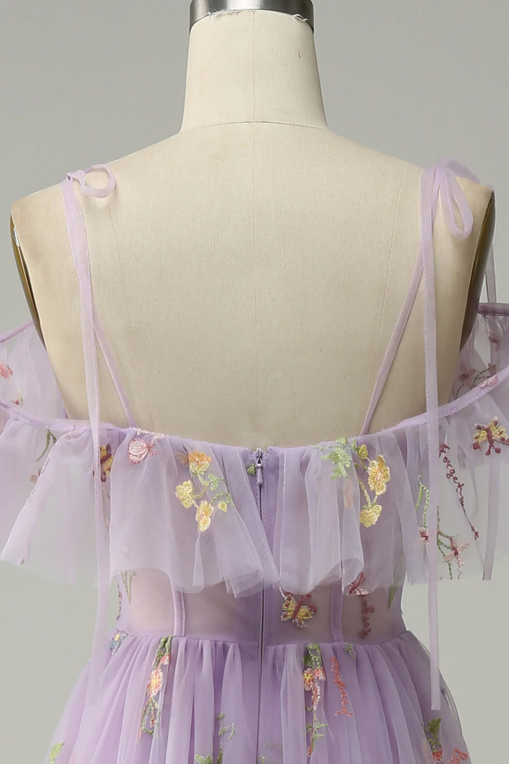 A-Line V-Neck Spaghetti Straps Embroidery Lavender Long Prom Dress with Slit - Image 7