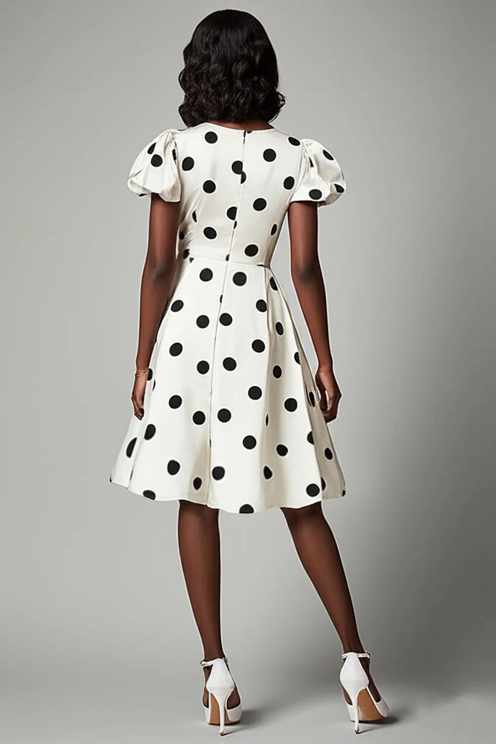 A Line White Black Polka Dots Dress with Puff Sleeves - Image 2
