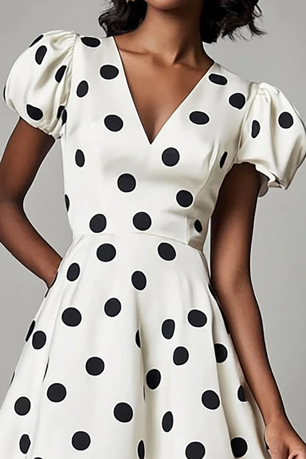A Line White Black Polka Dots Dress with Puff Sleeves - Image 3