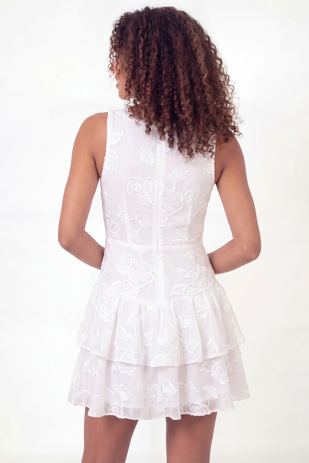 A-Line White Floral V-Neck Ruffled Mini Graduation Dress - Image 2