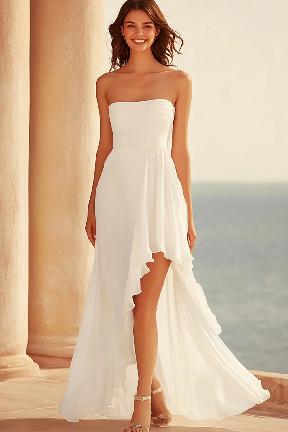 A Line White Strapless Wedding Dress with Slit