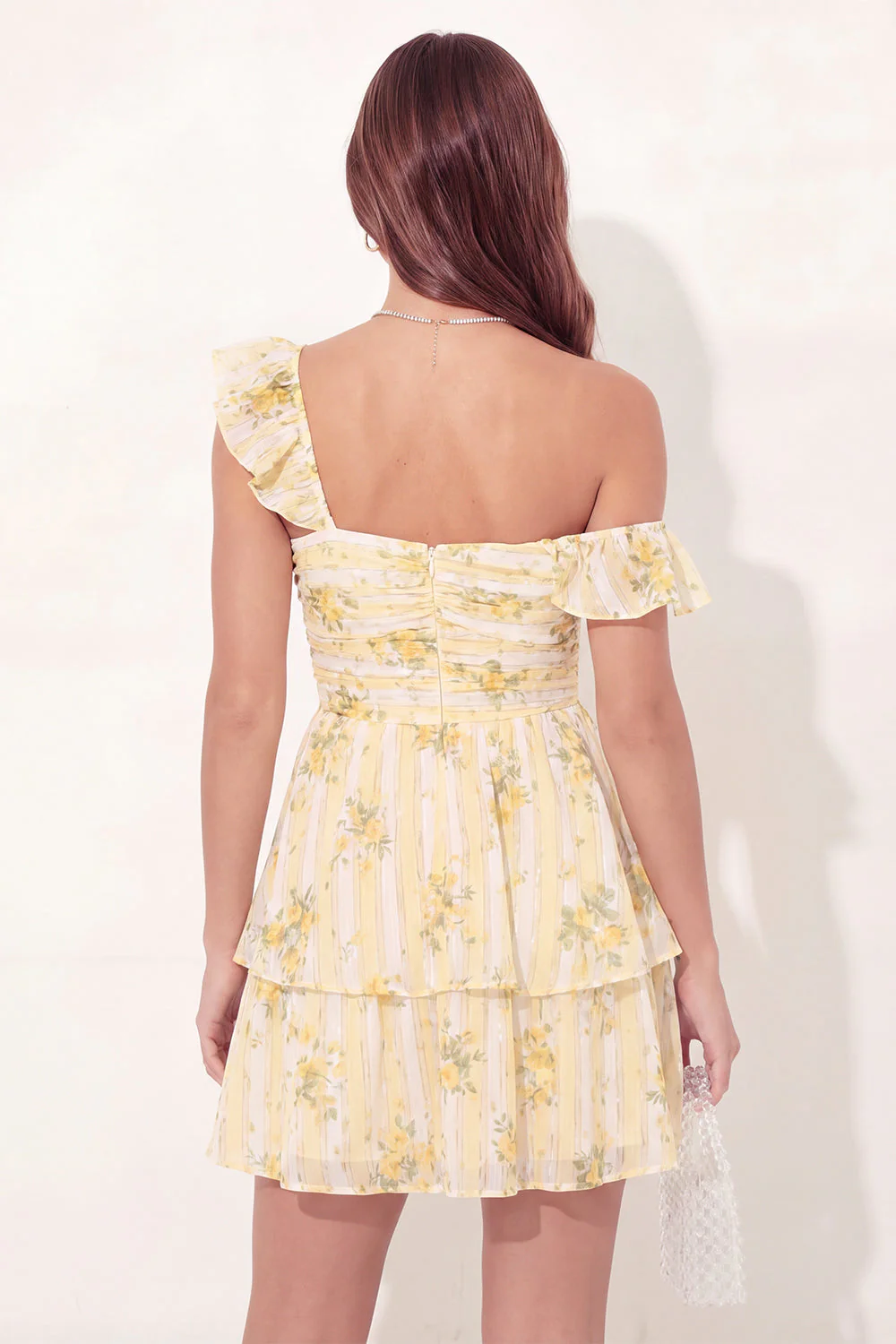 A-Line Yellow Floral Ruched Mini Graduation Dress with Ruffles - Image 2
