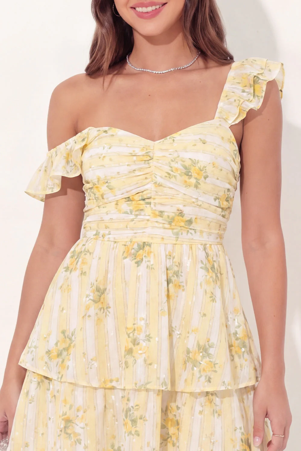 A-Line Yellow Floral Ruched Mini Graduation Dress with Ruffles - Image 4