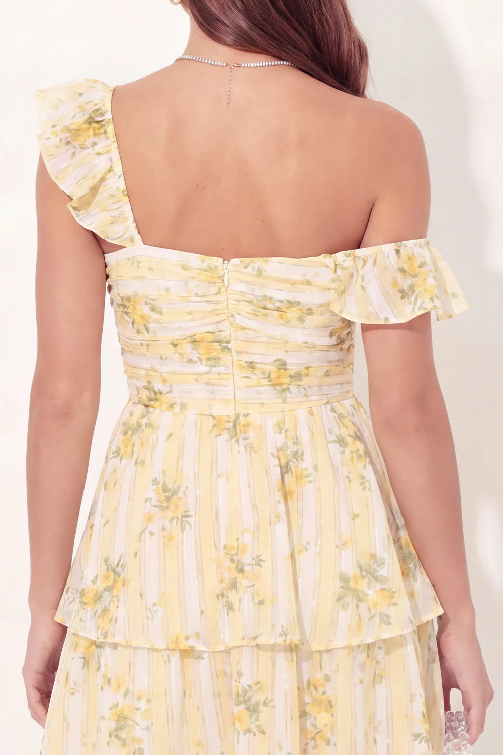 A-Line Yellow Floral Ruched Mini Graduation Dress with Ruffles - Image 5