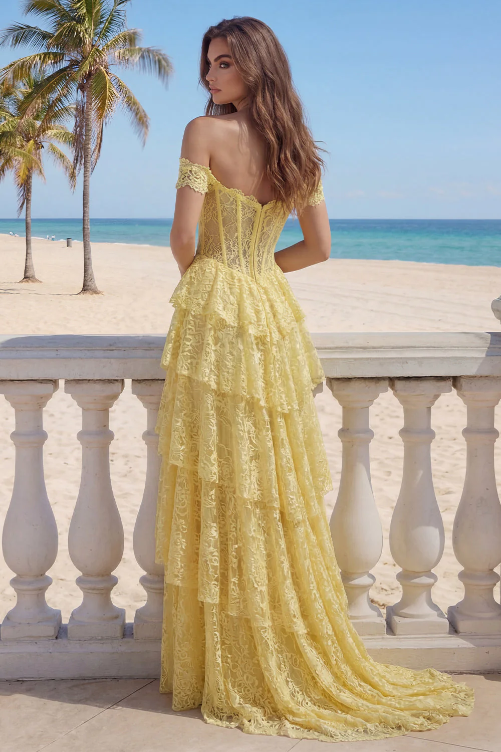 A-Line Yellow Lace Off the Shoulder Corset Tiered Long Prom Dress with Slit - Image 2
