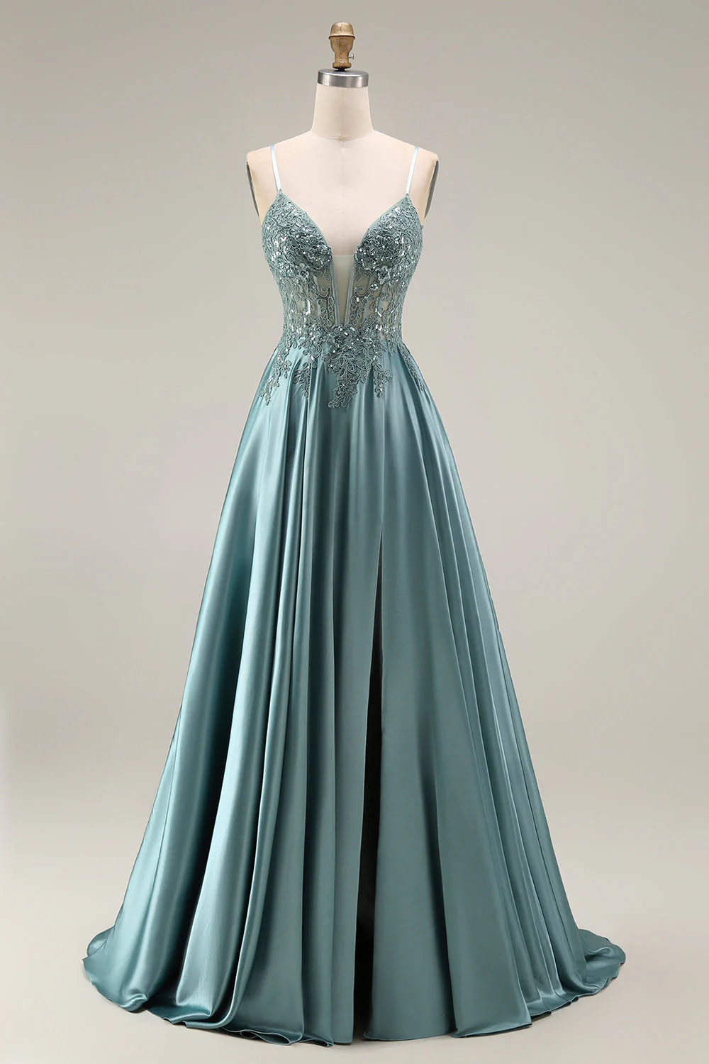 Agave Corset A-Line Beaded Satin Long Prom Dress with Slit