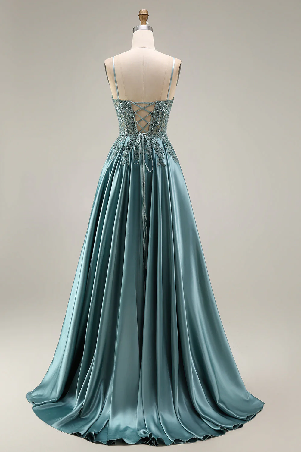 Agave Corset A-Line Beaded Satin Long Prom Dress with Slit - Image 2