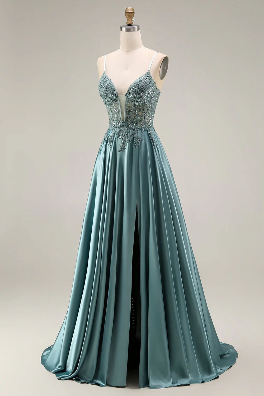 Agave Corset A-Line Beaded Satin Long Prom Dress with Slit - Image 3
