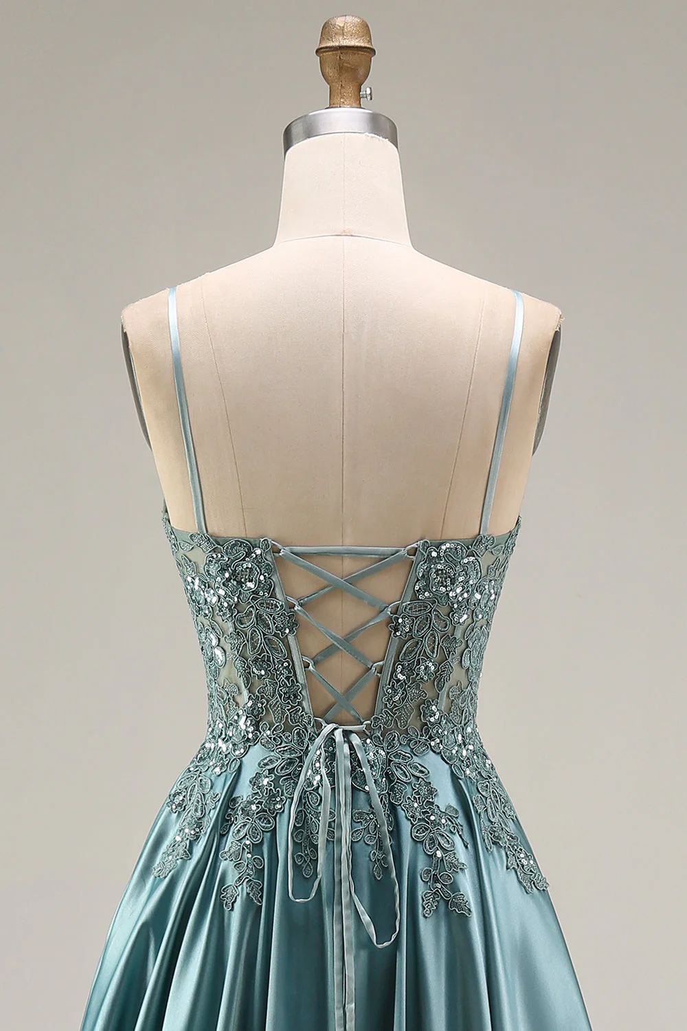 Agave Corset A-Line Beaded Satin Long Prom Dress with Slit - Image 5
