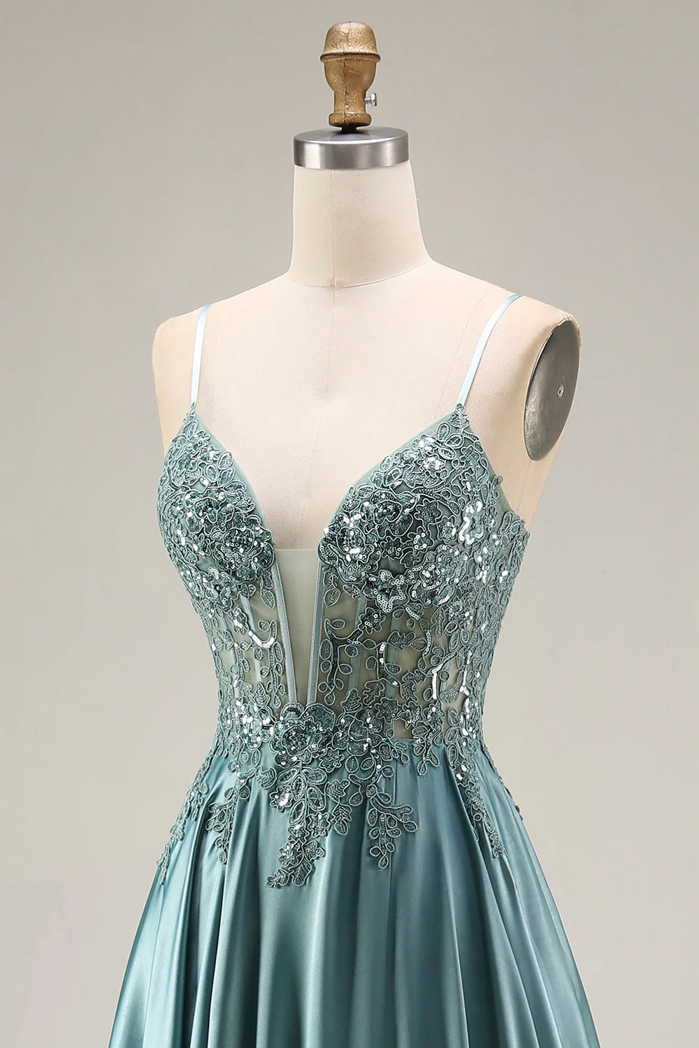 Agave Corset A-Line Beaded Satin Long Prom Dress with Slit - Image 6