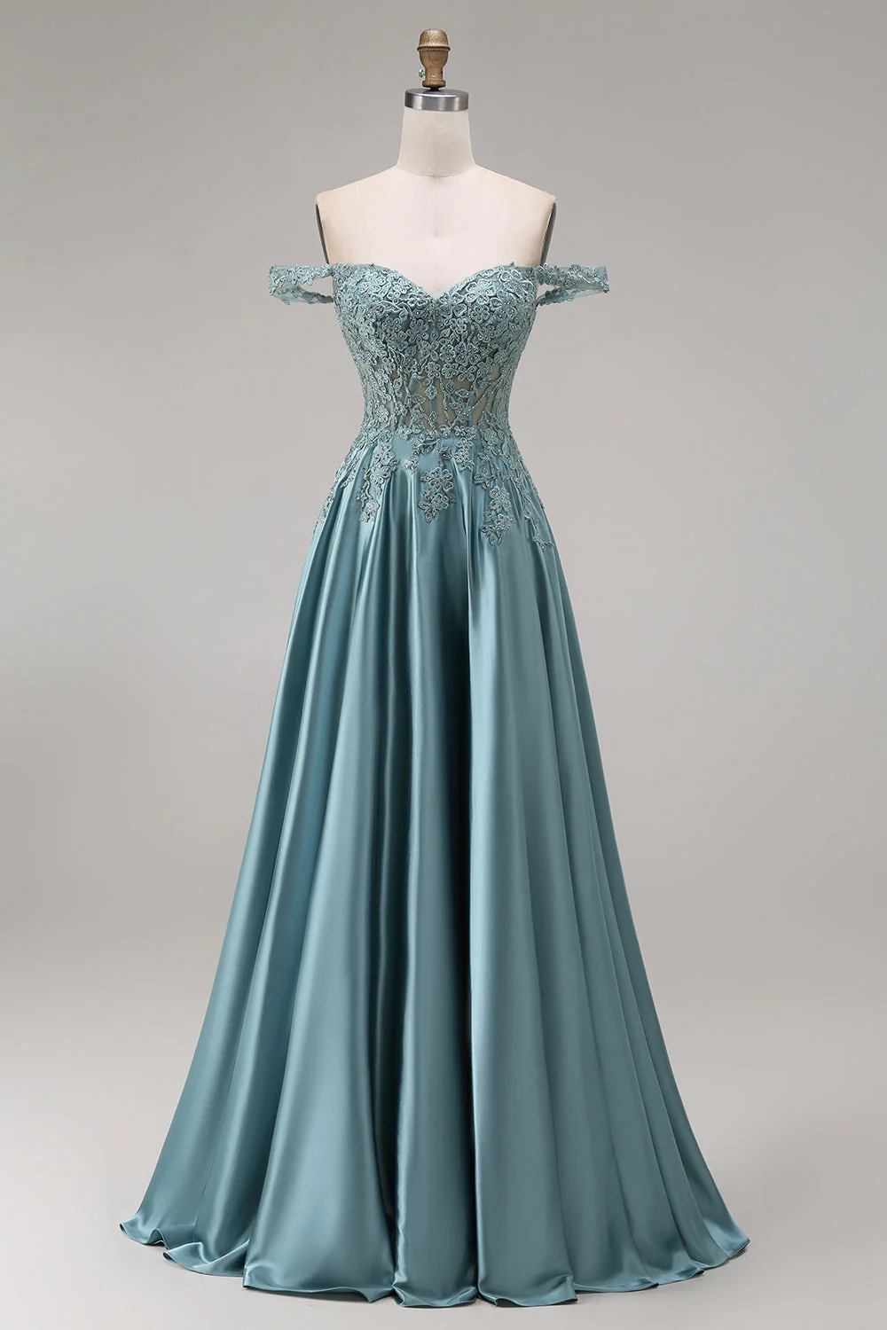 Off the Shoulder Corset A-Line Beaded Agave Satin Long Prom Dress