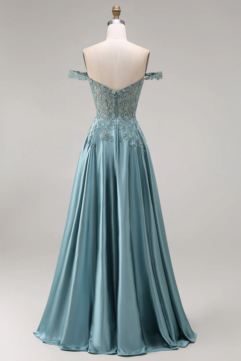 Off the Shoulder Corset A-Line Beaded Agave Satin Long Prom Dress - Image 2