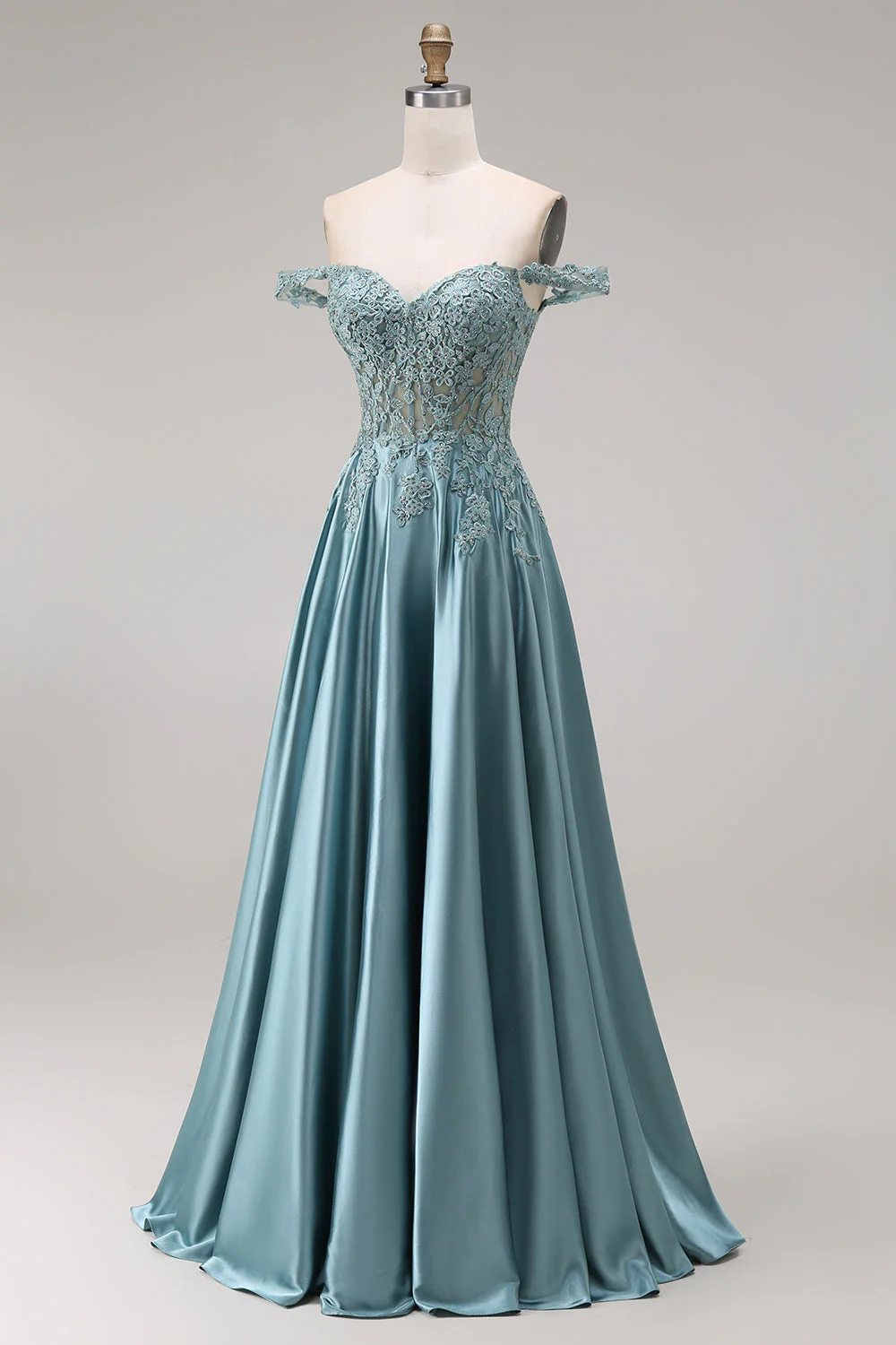 Off the Shoulder Corset A-Line Beaded Agave Satin Long Prom Dress - Image 3