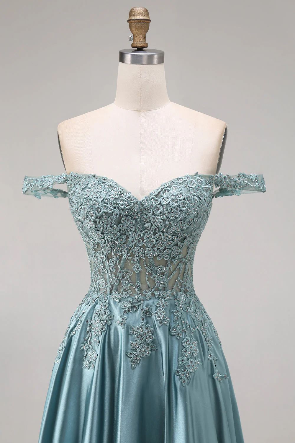 Off the Shoulder Corset A-Line Beaded Agave Satin Long Prom Dress - Image 4