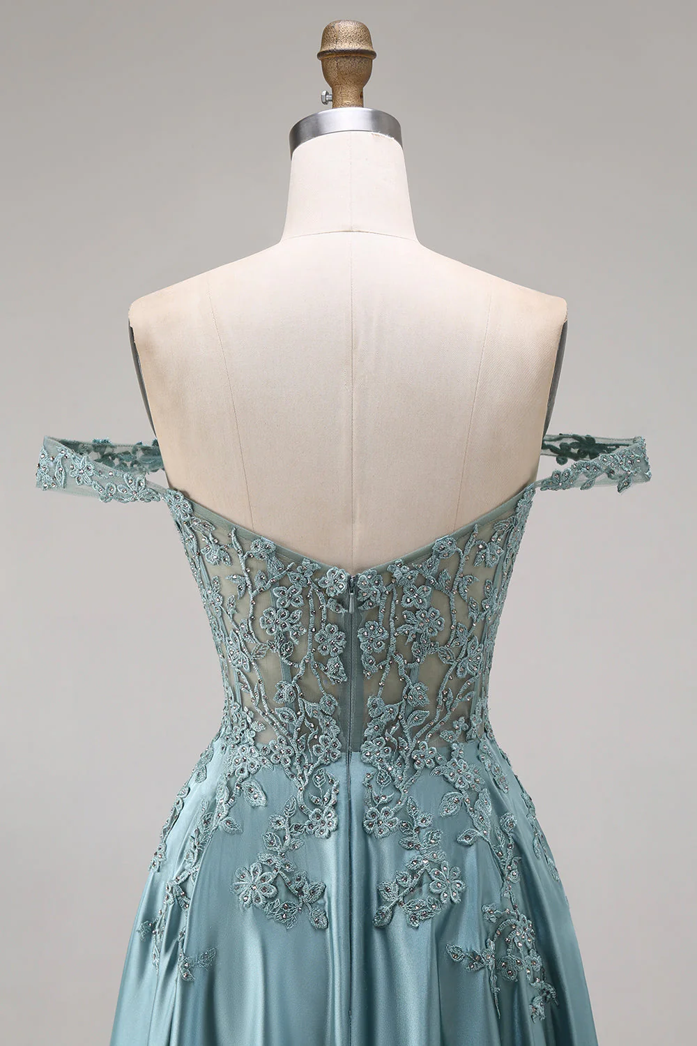 Off the Shoulder Corset A-Line Beaded Agave Satin Long Prom Dress - Image 5