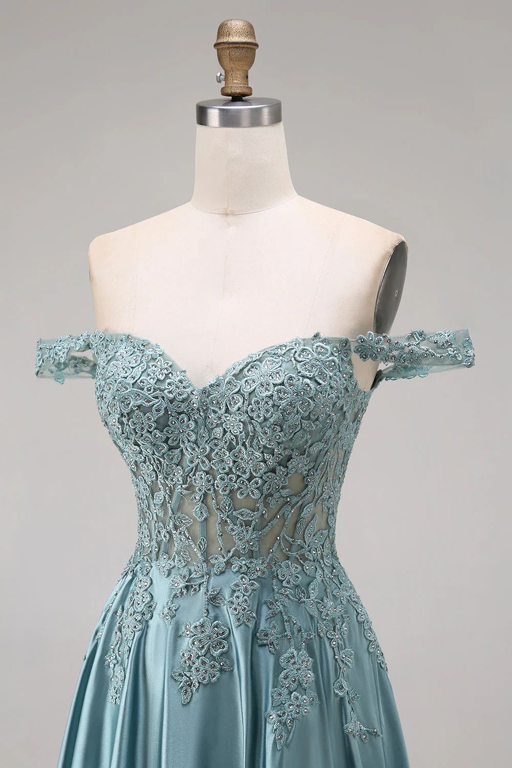 Off the Shoulder Corset A-Line Beaded Agave Satin Long Prom Dress - Image 6