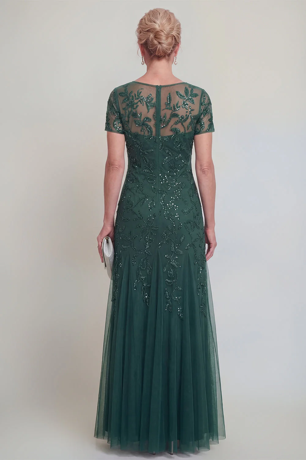 Appliqued A Line Dark Green Round Neck Mother Of Bride Dress - Image 2