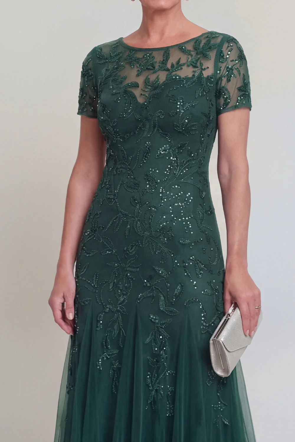 Appliqued A Line Dark Green Round Neck Mother Of Bride Dress - Image 3