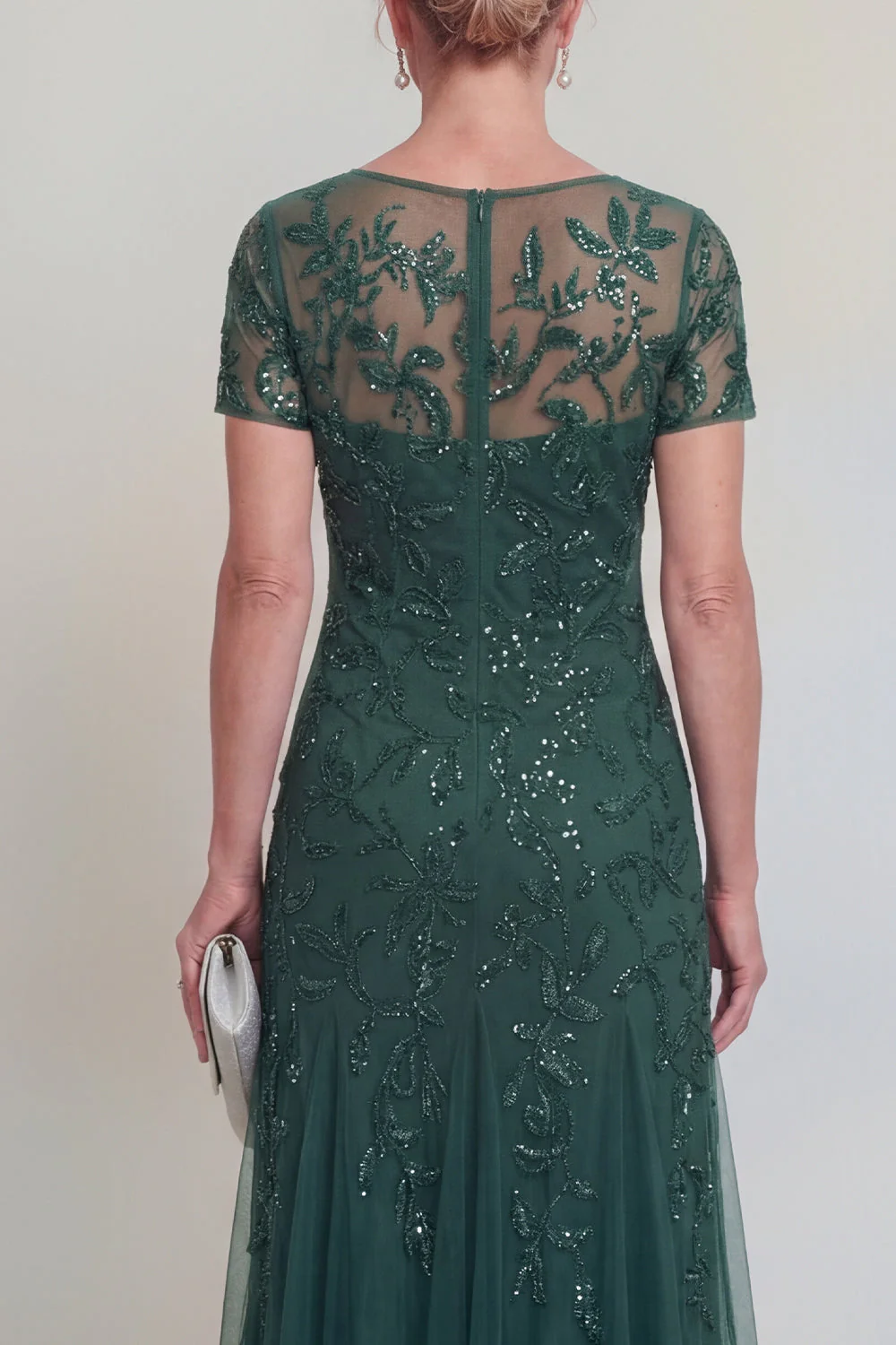 Appliqued A Line Dark Green Round Neck Mother Of Bride Dress - Image 4