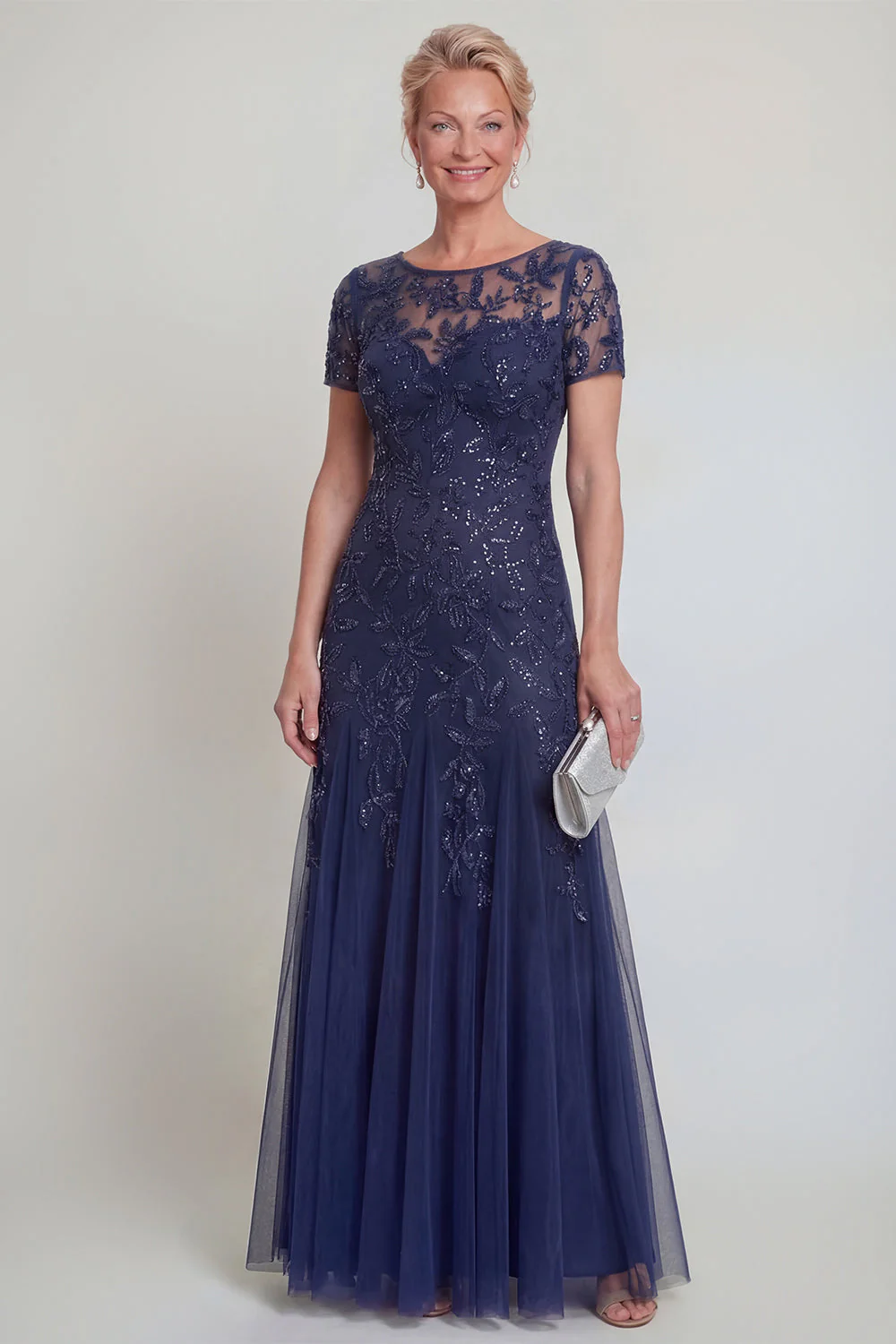 Appliqued A Line Dark Green Round Neck Mother Of Bride Dress - Image 5