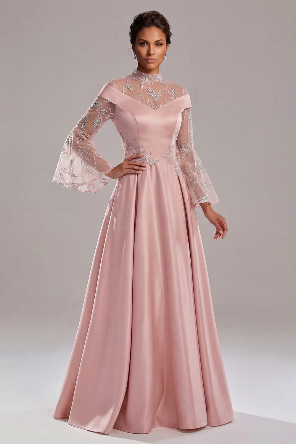 Pink Long Sleeves A Line Satin Long Mother of the Bride Dress