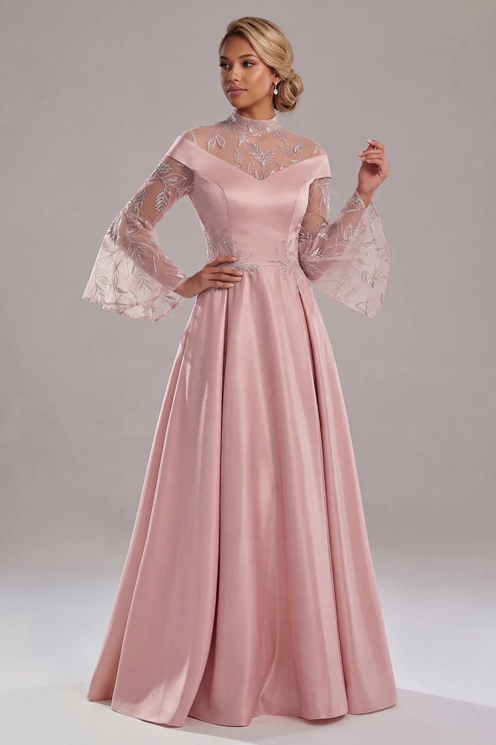 Pink Long Sleeves A Line Satin Long Mother of the Bride Dress - Image 3