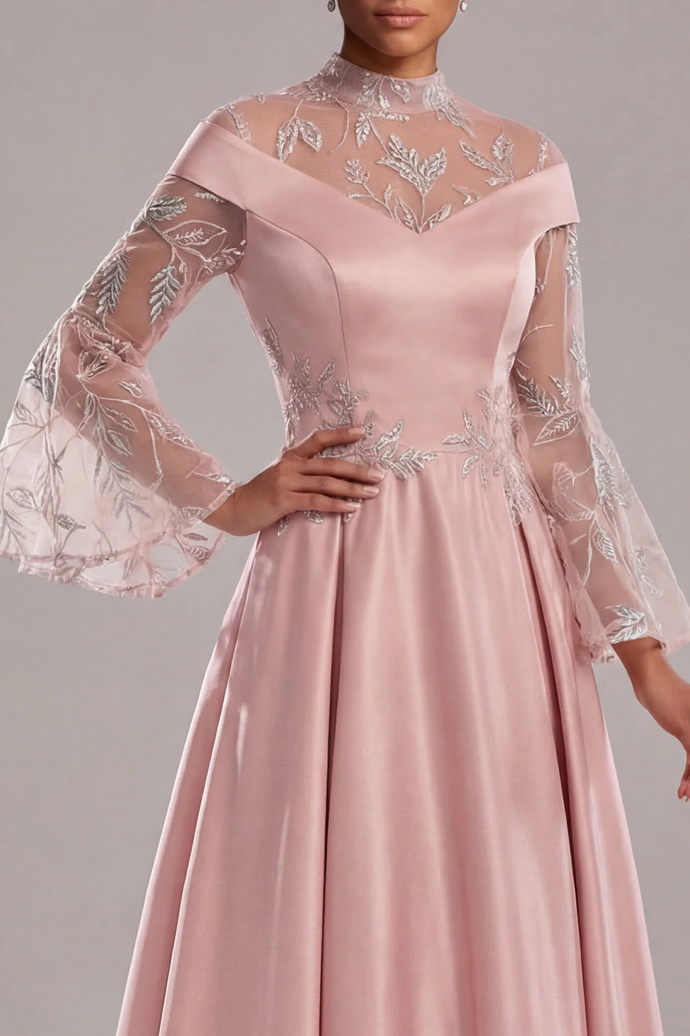 Pink Long Sleeves A Line Satin Long Mother of the Bride Dress - Image 4