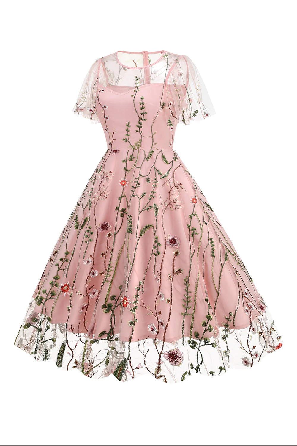 Apricot A Line Printed Tulle 1950s Dress with Short Sleeves - Image 10
