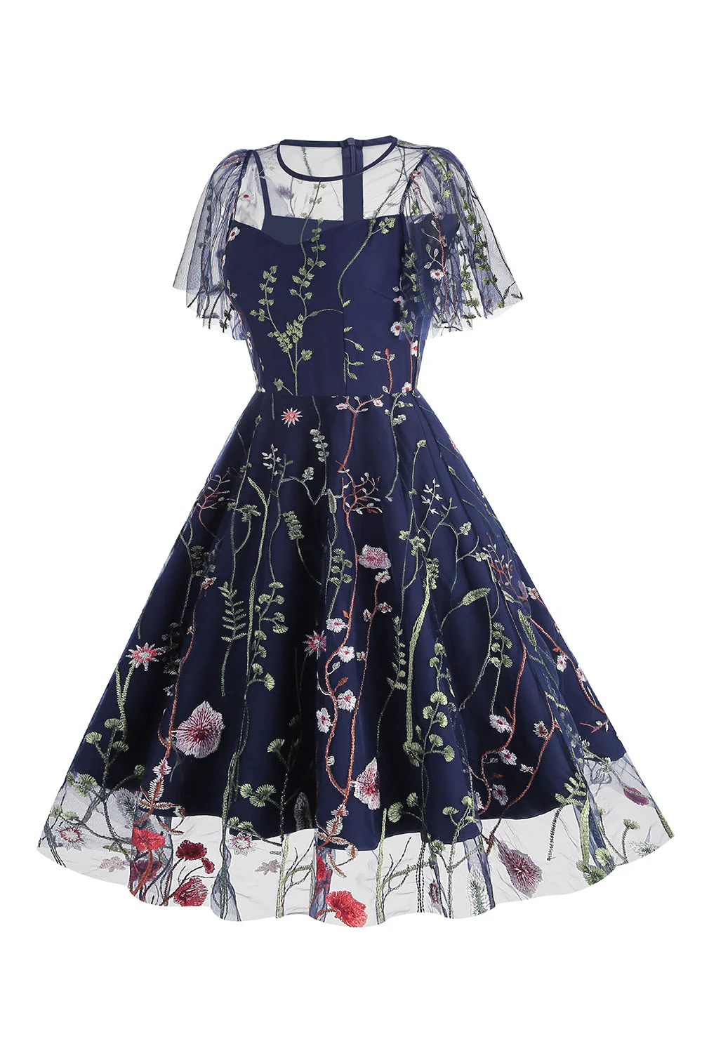 Apricot A Line Printed Tulle 1950s Dress with Short Sleeves - Image 14