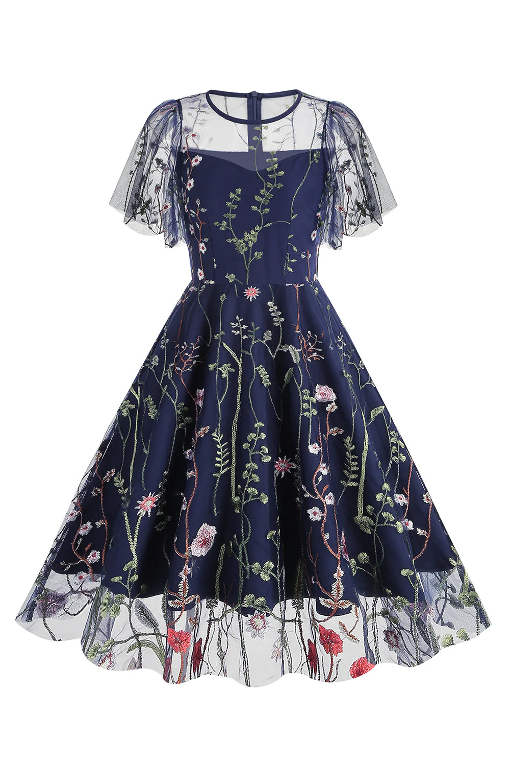 Apricot A Line Printed Tulle 1950s Dress with Short Sleeves - Image 15