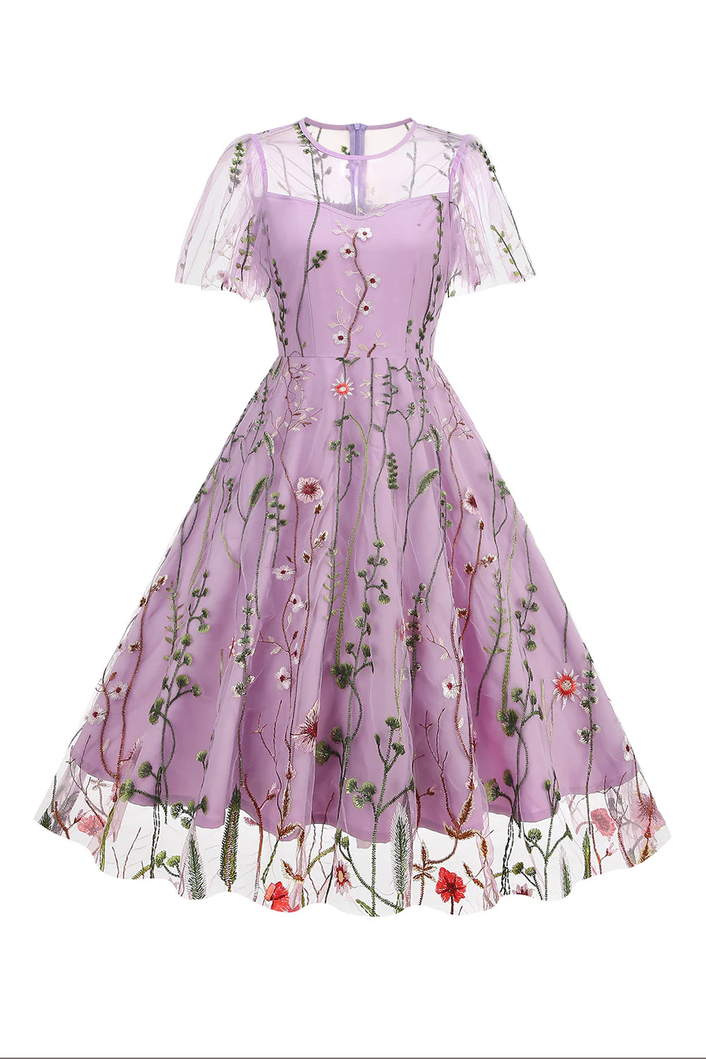Apricot A Line Printed Tulle 1950s Dress with Short Sleeves - Image 18