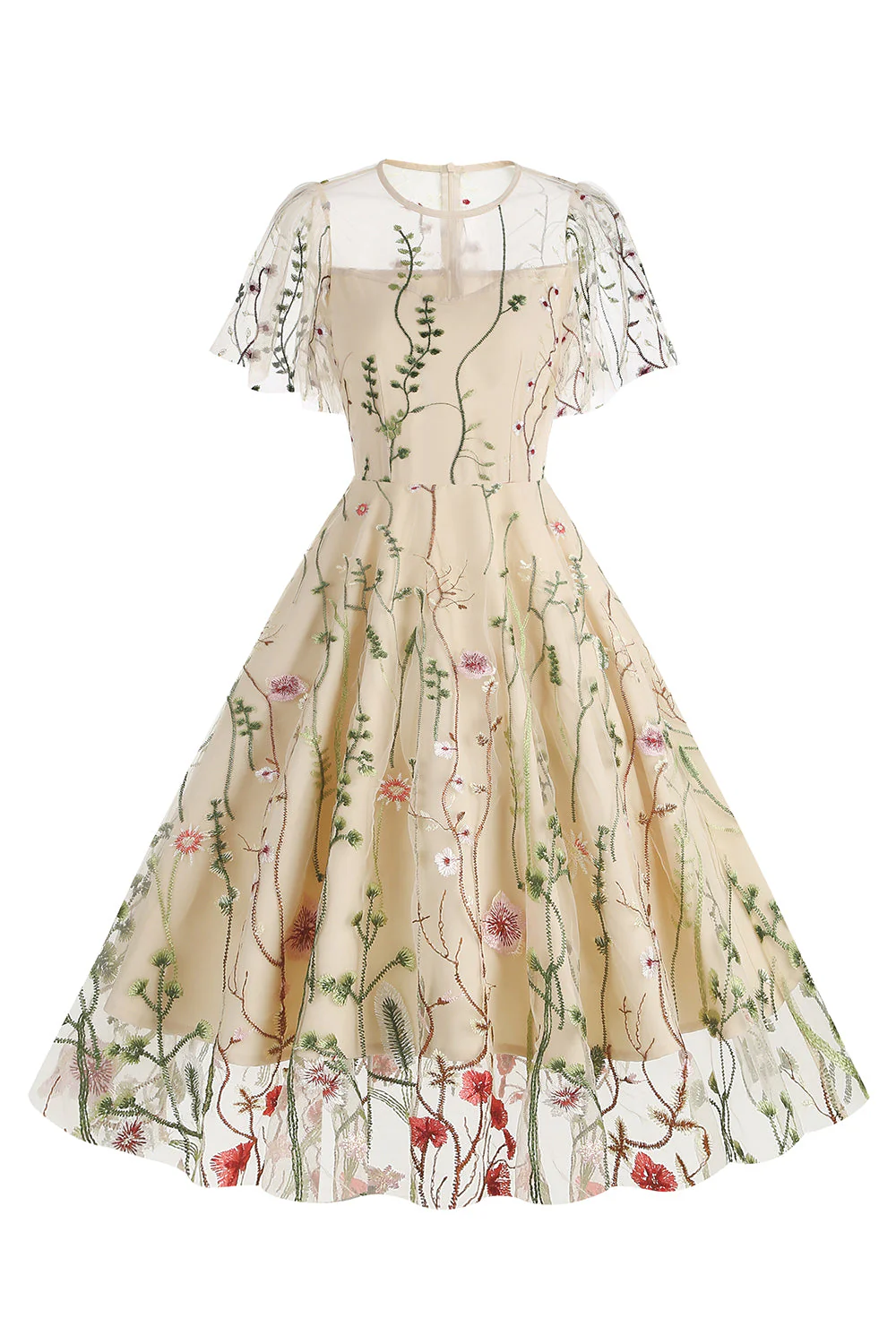 Apricot A Line Printed Tulle 1950s Dress with Short Sleeves - Image 2