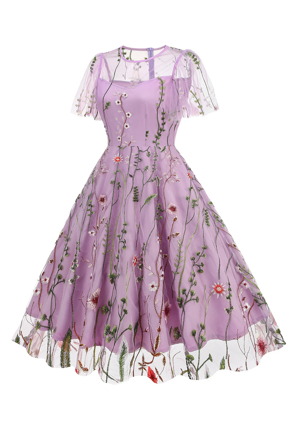 Apricot A Line Printed Tulle 1950s Dress with Short Sleeves - Image 20