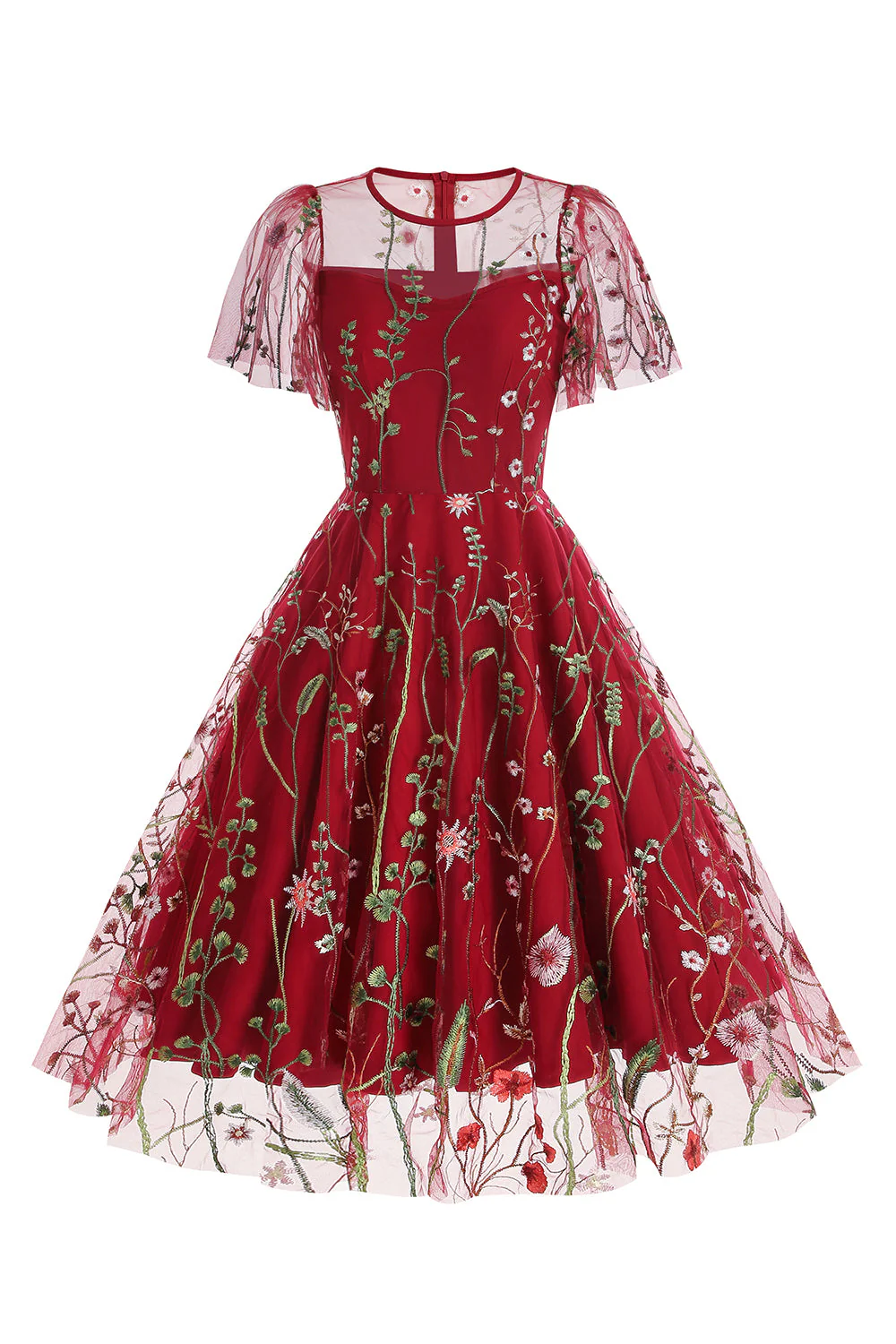 Apricot A Line Printed Tulle 1950s Dress with Short Sleeves - Image 22