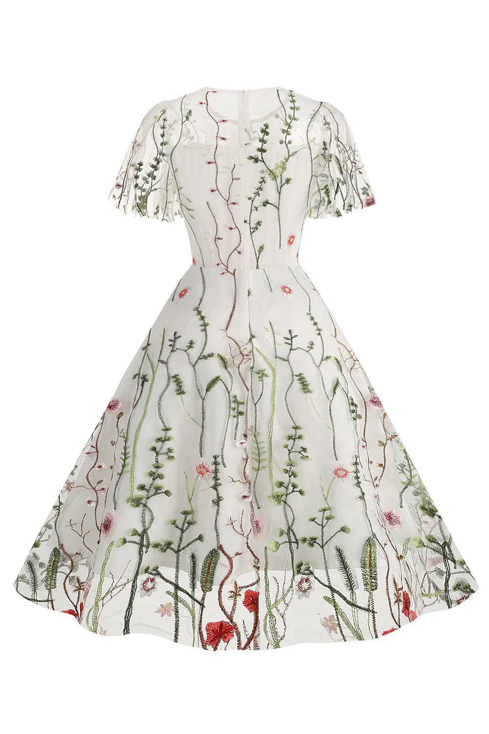 Apricot A Line Printed Tulle 1950s Dress with Short Sleeves - Image 24