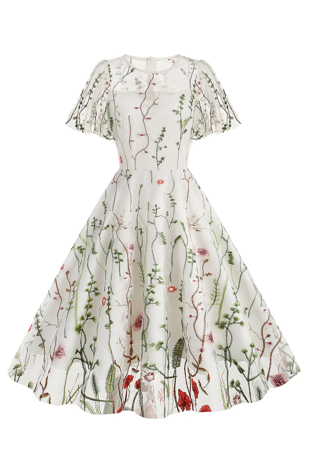 Apricot A Line Printed Tulle 1950s Dress with Short Sleeves - Image 25