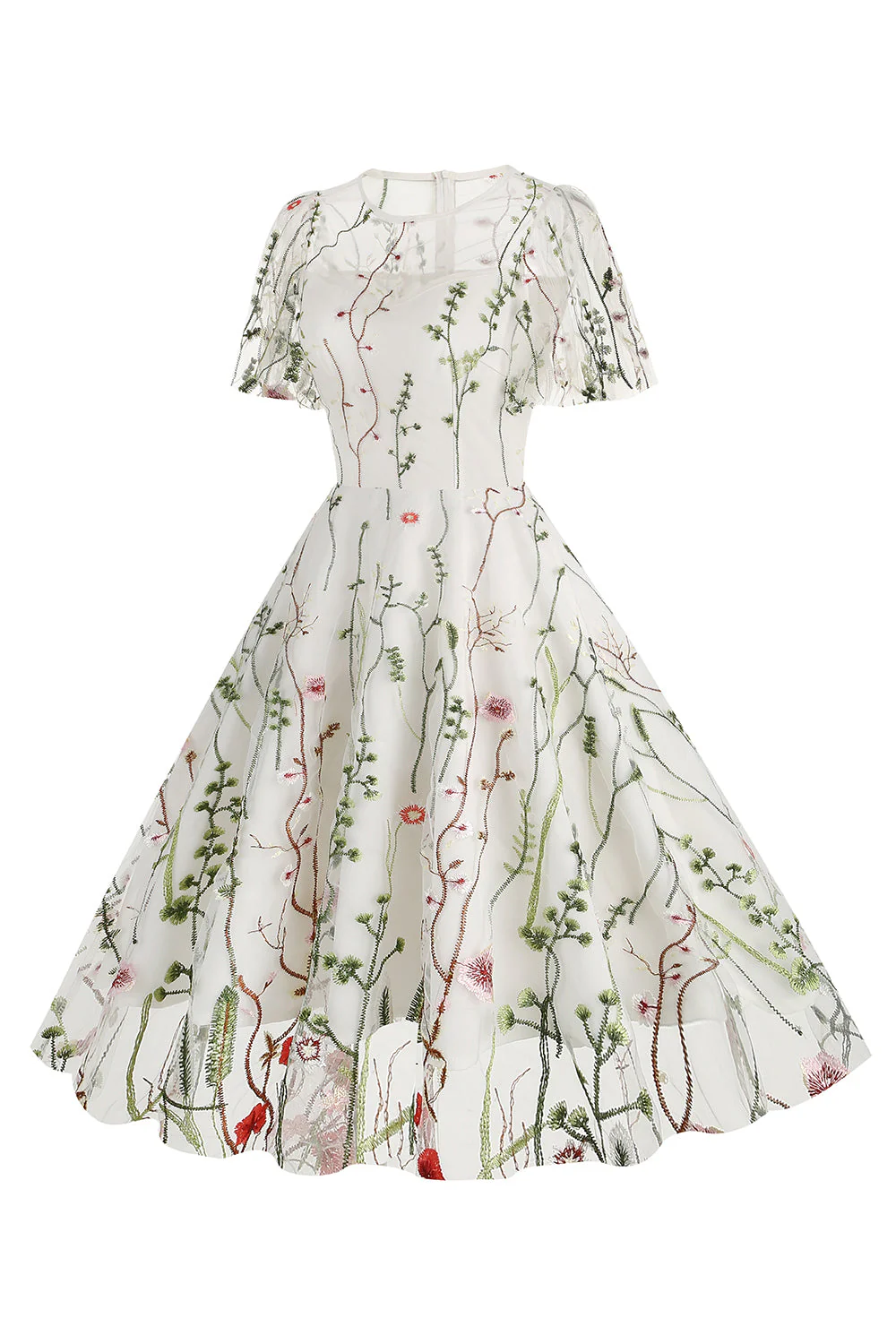 Apricot A Line Printed Tulle 1950s Dress with Short Sleeves - Image 26