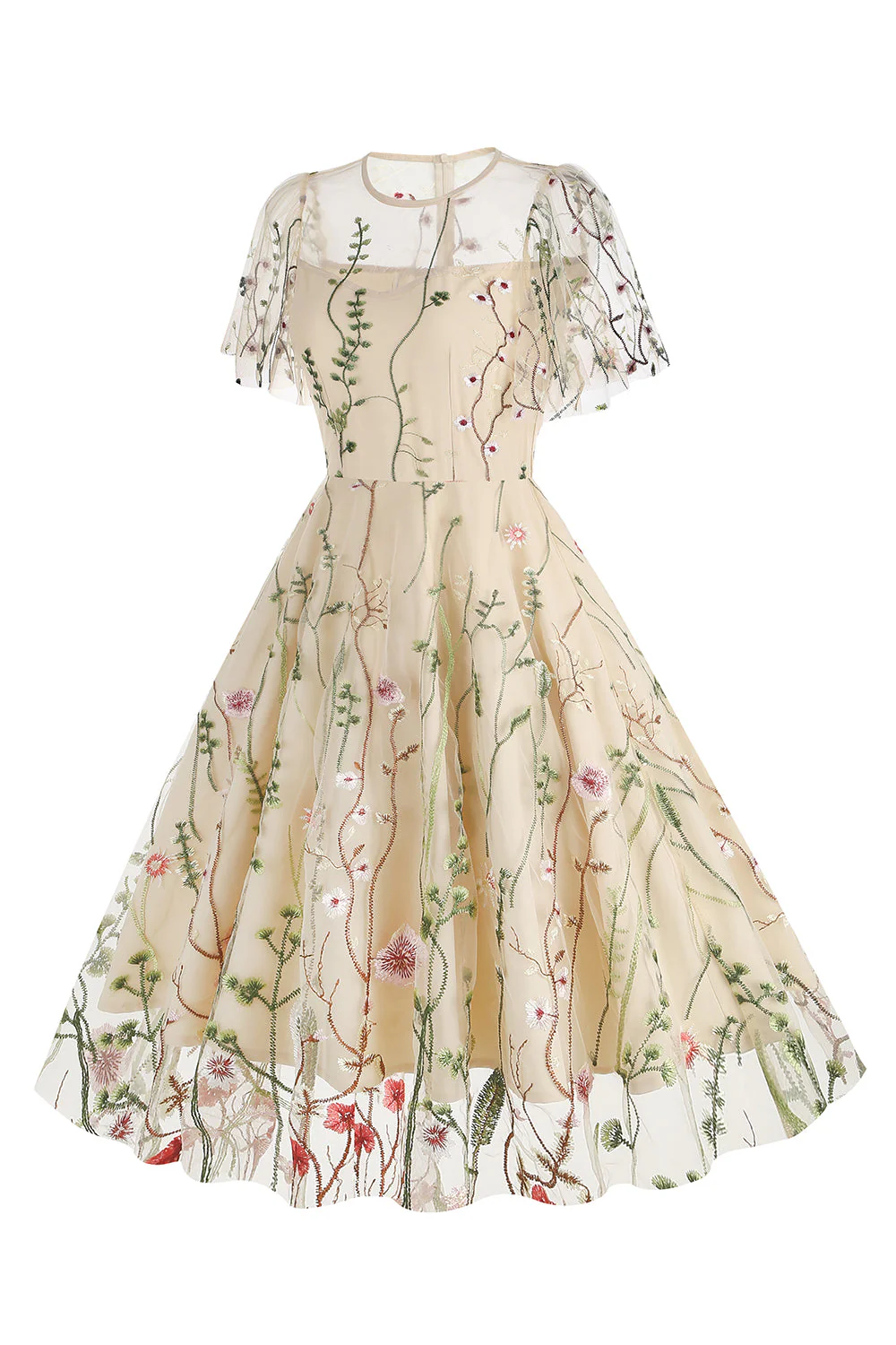 Apricot A Line Printed Tulle 1950s Dress with Short Sleeves - Image 3