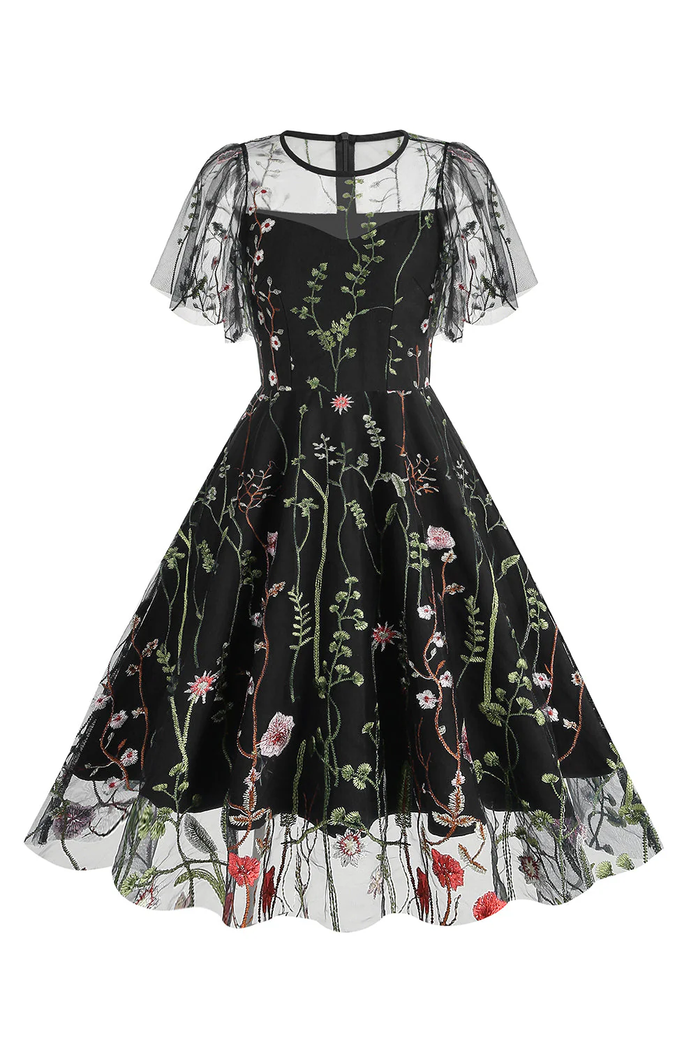 Apricot A Line Printed Tulle 1950s Dress with Short Sleeves - Image 6
