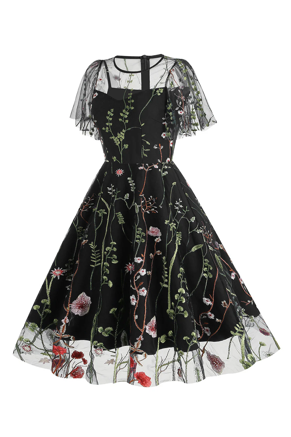 Apricot A Line Printed Tulle 1950s Dress with Short Sleeves - Image 7